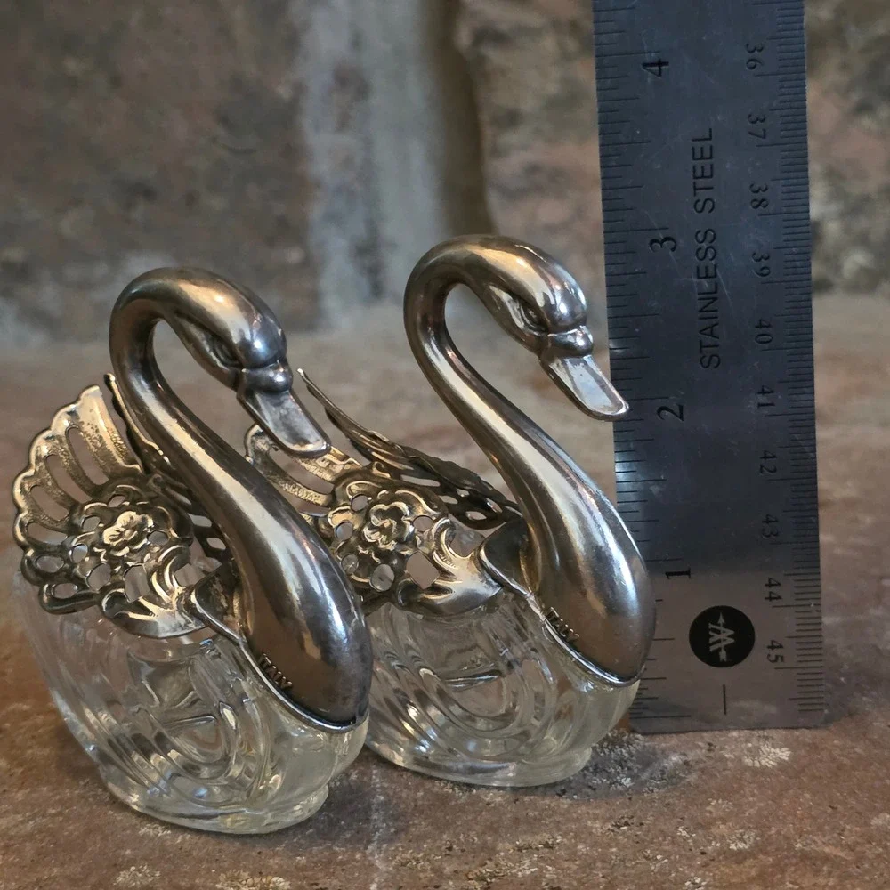 Vintage Italian Swan Salt Cellars Glass Plated Silver Hinged Wings Pair  trinket